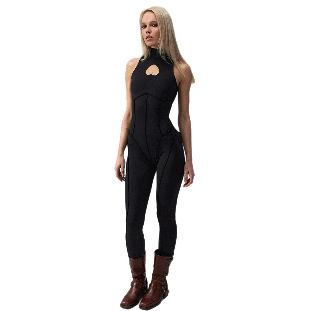 Damen Eleganter Bodycon-Jumpsuit mit herzförmigem Ausschnitt und hoher Kragen Echo Archiv