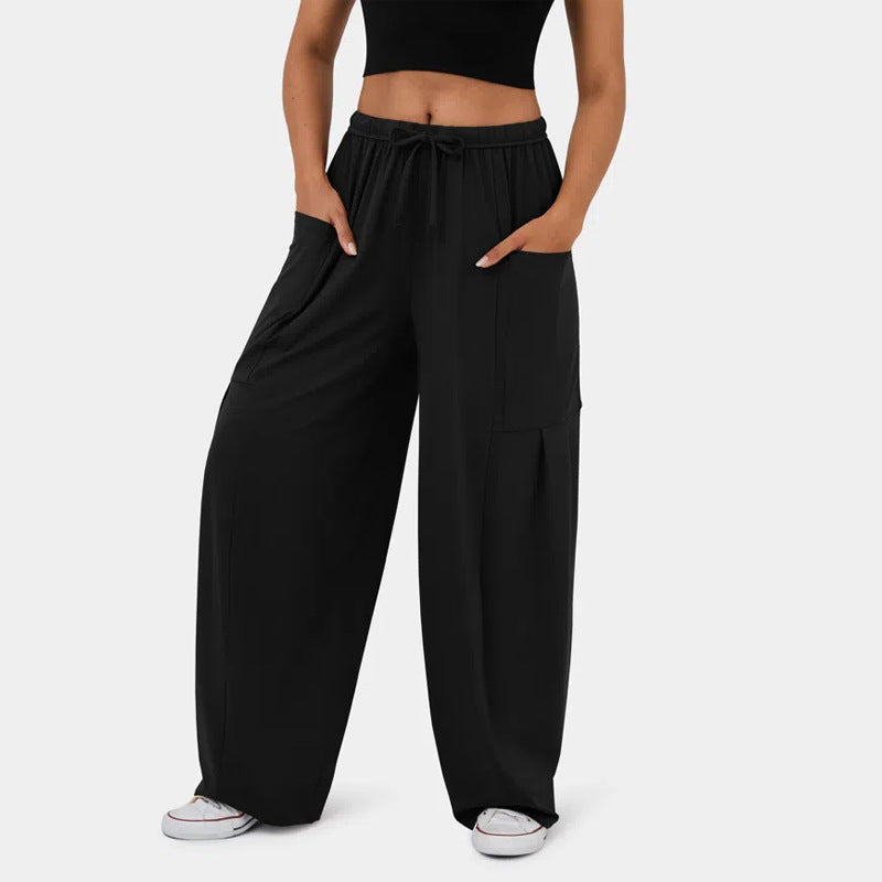 Damen Weite Relax‑Hose mit hohem Elastikbund, Tunnelzug und großen Cargo-Taschen – Avérine