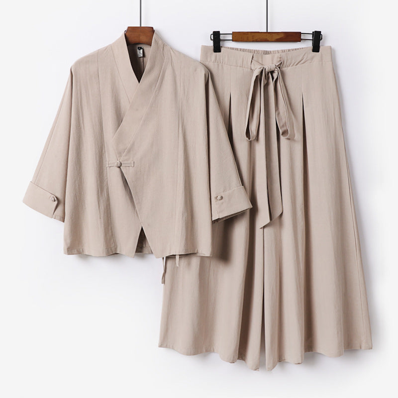 Damen Leichtes Kimono-Loungewear-Set mit V-Ausschnitt dreiviertelärmeln und weiten Palazzo-Hosen Echoarchiv