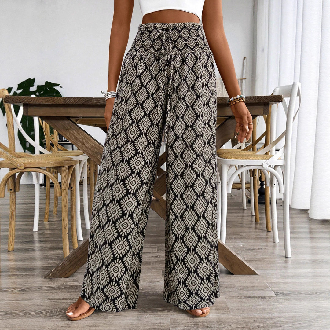 Damen Palazzo‑Hose mit hoher Smock‑Taille und Ethno‑Print – Avérine