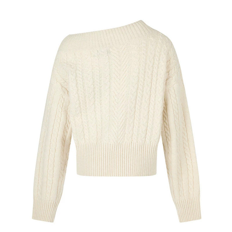 Damen Kurzer Zopfstrick-Pullover mit weitem Boat-Ausschnitt und markantem Logobund Echoarchiv