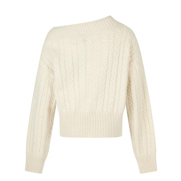 Damen Kurzer Zopfstrick-Pullover mit weitem Boat-Ausschnitt und markantem Logobund Echoarchiv