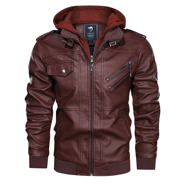 Herren Lederoptik-Utility-Jacke mit Kapuze, Reißverschlusstaschen und Rippbündchen – Taviero