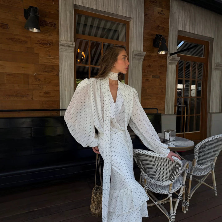 Damen Maxikleid aus Chiffon mit Wickeloberteil, Schluppe und gestuftem Volant‑Rock Echoarchiv