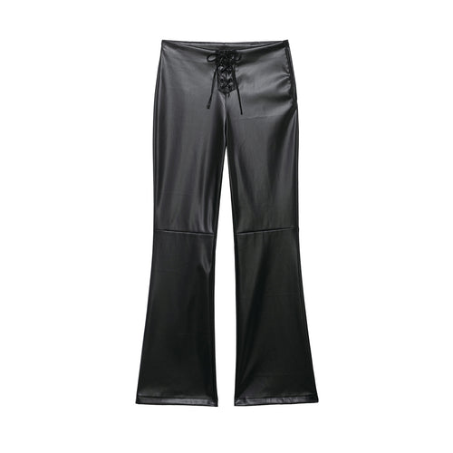Damen hochgeschnittene ausgestellte Kunstlederhose mit Schnürungsdetail in der Taille Echoarchiv