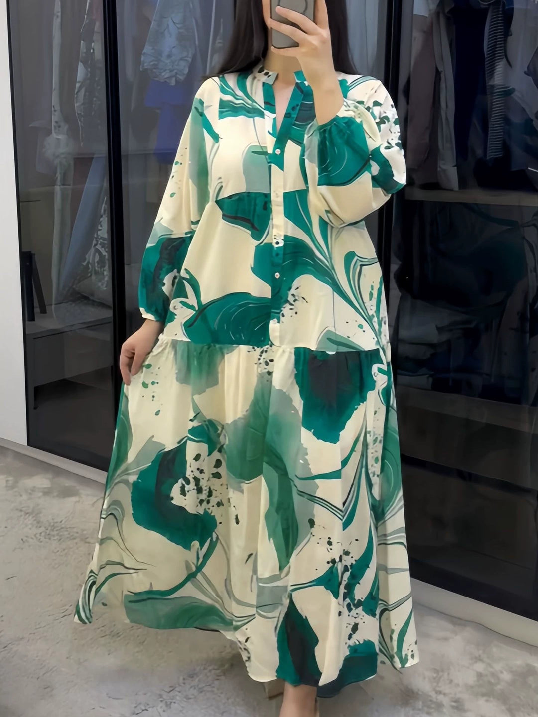 Damen Fließendes Maxikleid mit Stufenrock, überschnittenen Ballonärmeln und Stehkragen – Valéora