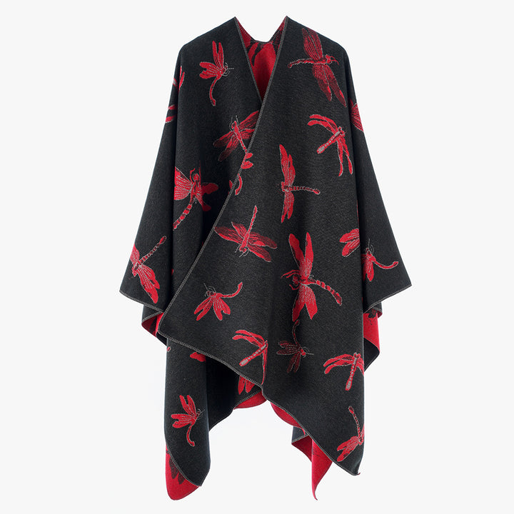 Damen Wendbarer Jacquard-Poncho mit Libellenmotiv – Avérine