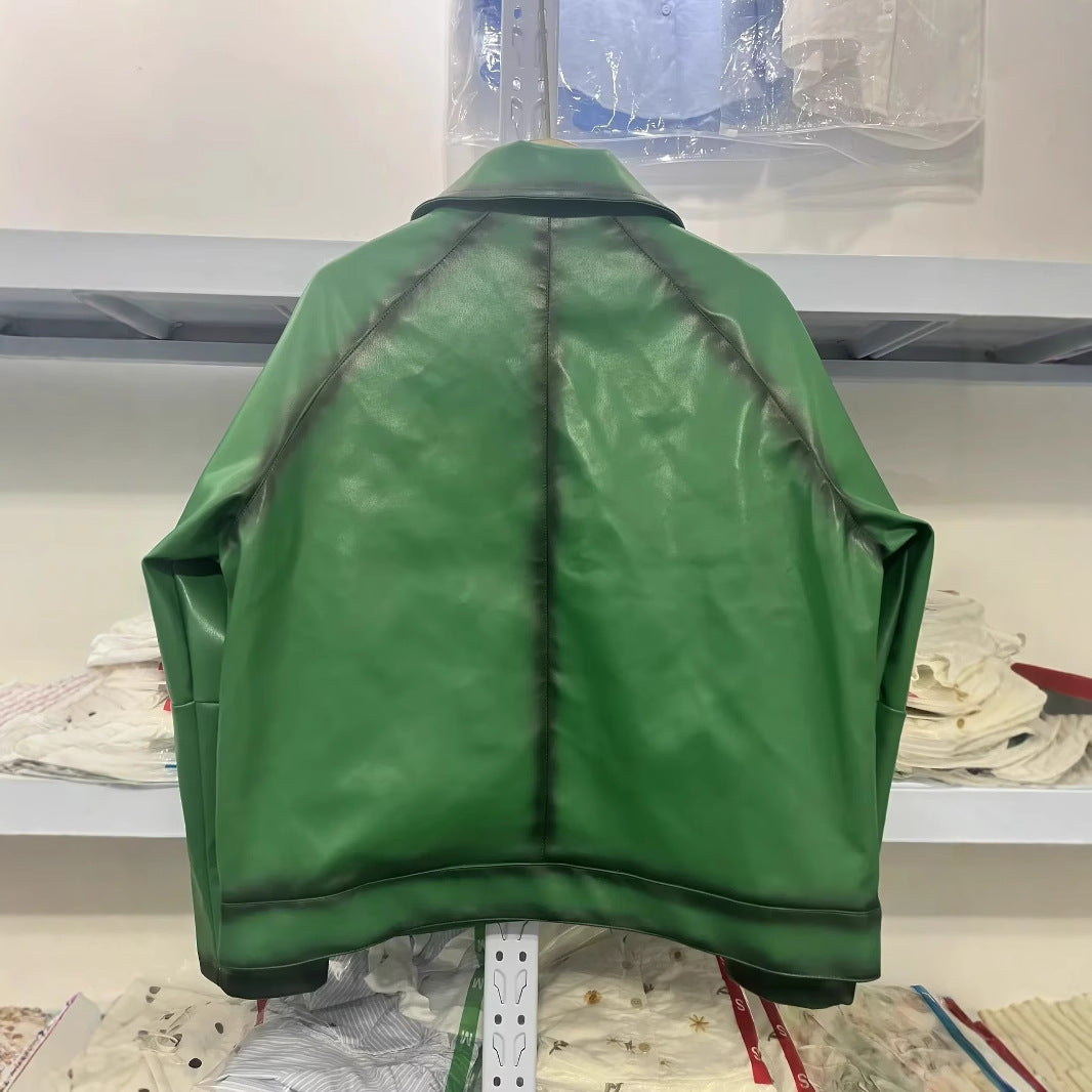 Damen boxy Kunstlederblouson mit großem Schalkragen, mittigem Metallreißverschluss und aufgesetzten Fronttaschen – Célinea