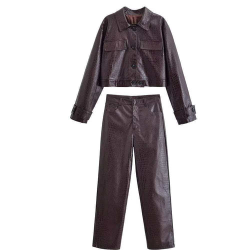 Damen nan gerade geschnittene Kunstlederhose mit Krokoprägung und hoher Taille Echo Archiv