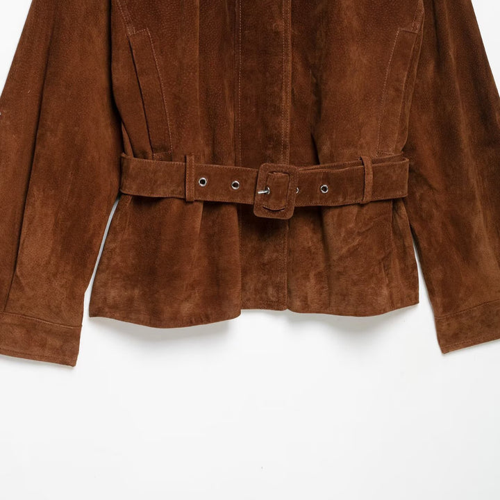 Damen Taillenbetonte Velourslederjacke im Trenchstil mit Stehkragen und breitem Bindegürtel Echoarchiv