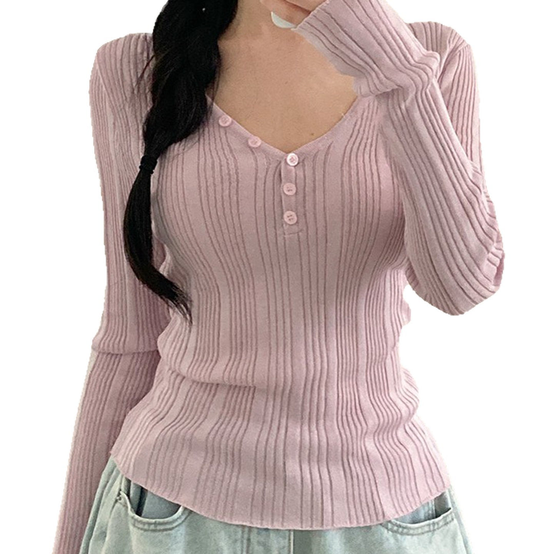 Damen nan feinstrukturierter Rippstrick-Longsleeve mit V-Ausschnitt, Henley-Knopfleiste und taillierter Passform Echo Archiv
