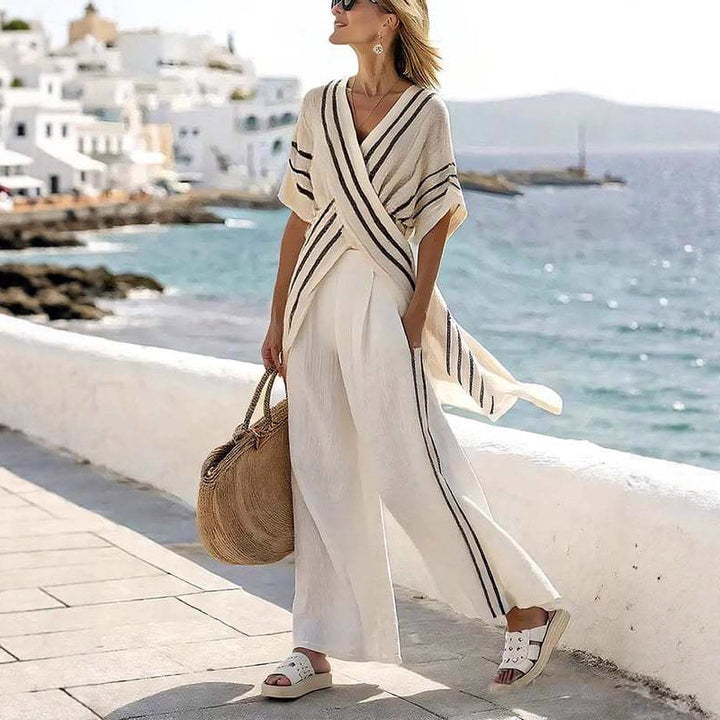 Damen nan resort-inspiriertes Set mit überkreuzter Kimono-Tunika und hochgeschnittener Palazzohose Echo Archiv