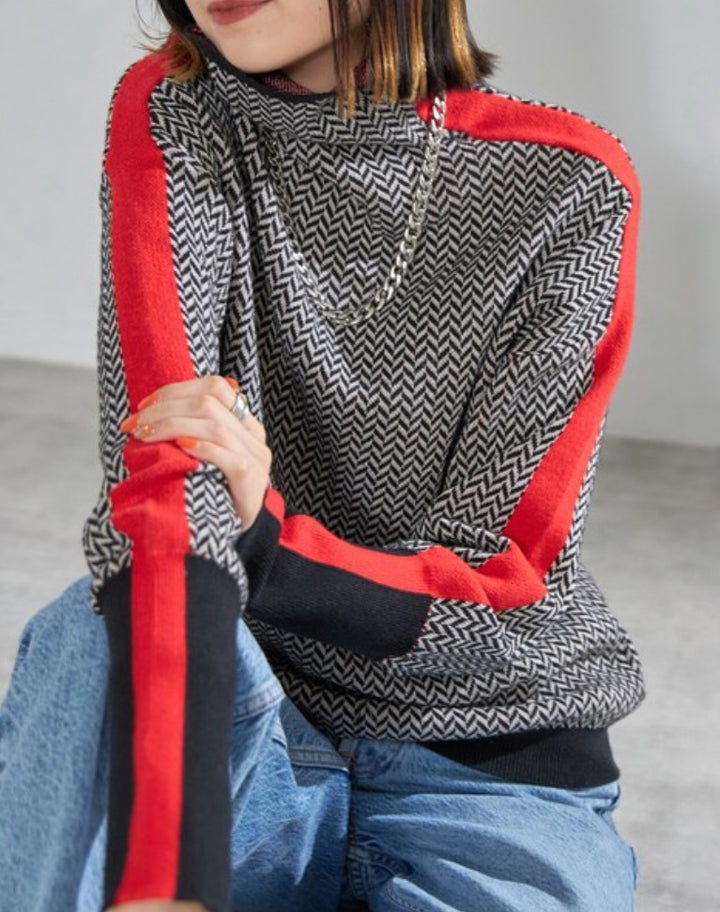 Damen Feinstrickpullover mit geometrischem Jacquardmuster, Stehkragen und Kontrastband – Mavelle