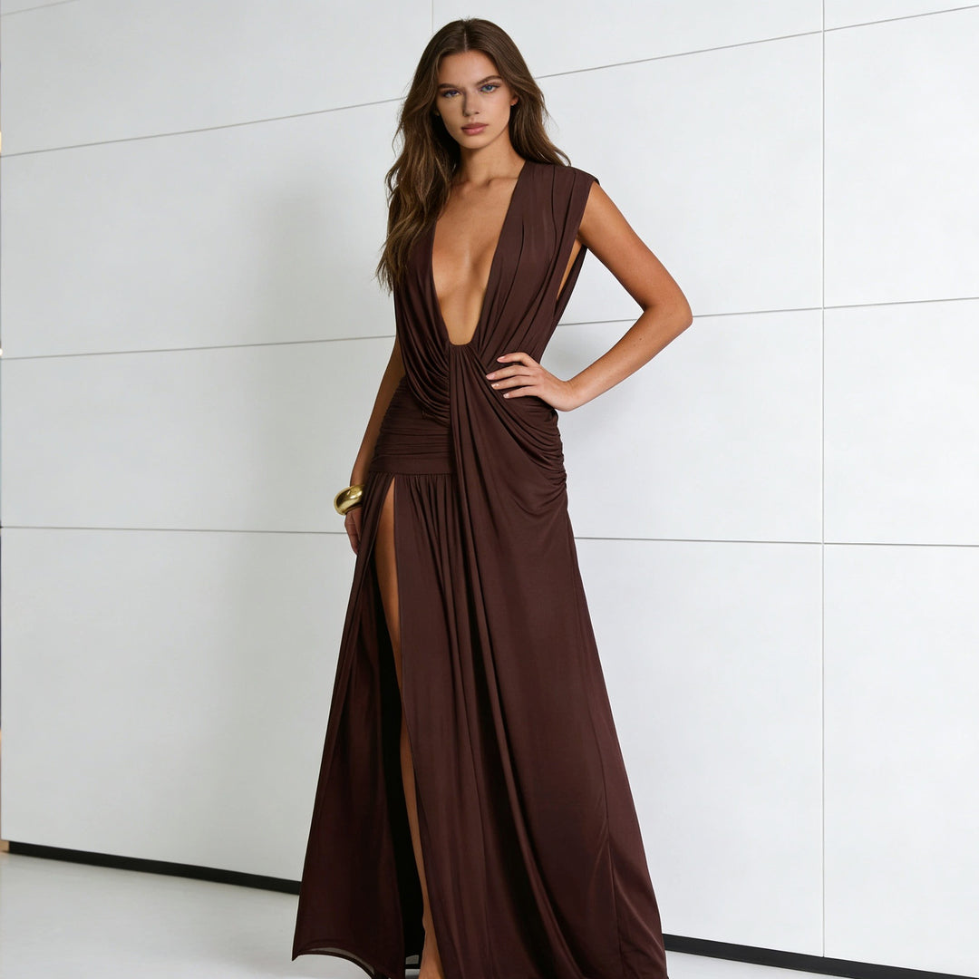 Damen Elegantes Wickelkleid mit tiefem V-Ausschnitt und seitlichem Schlitz Echo Archiv