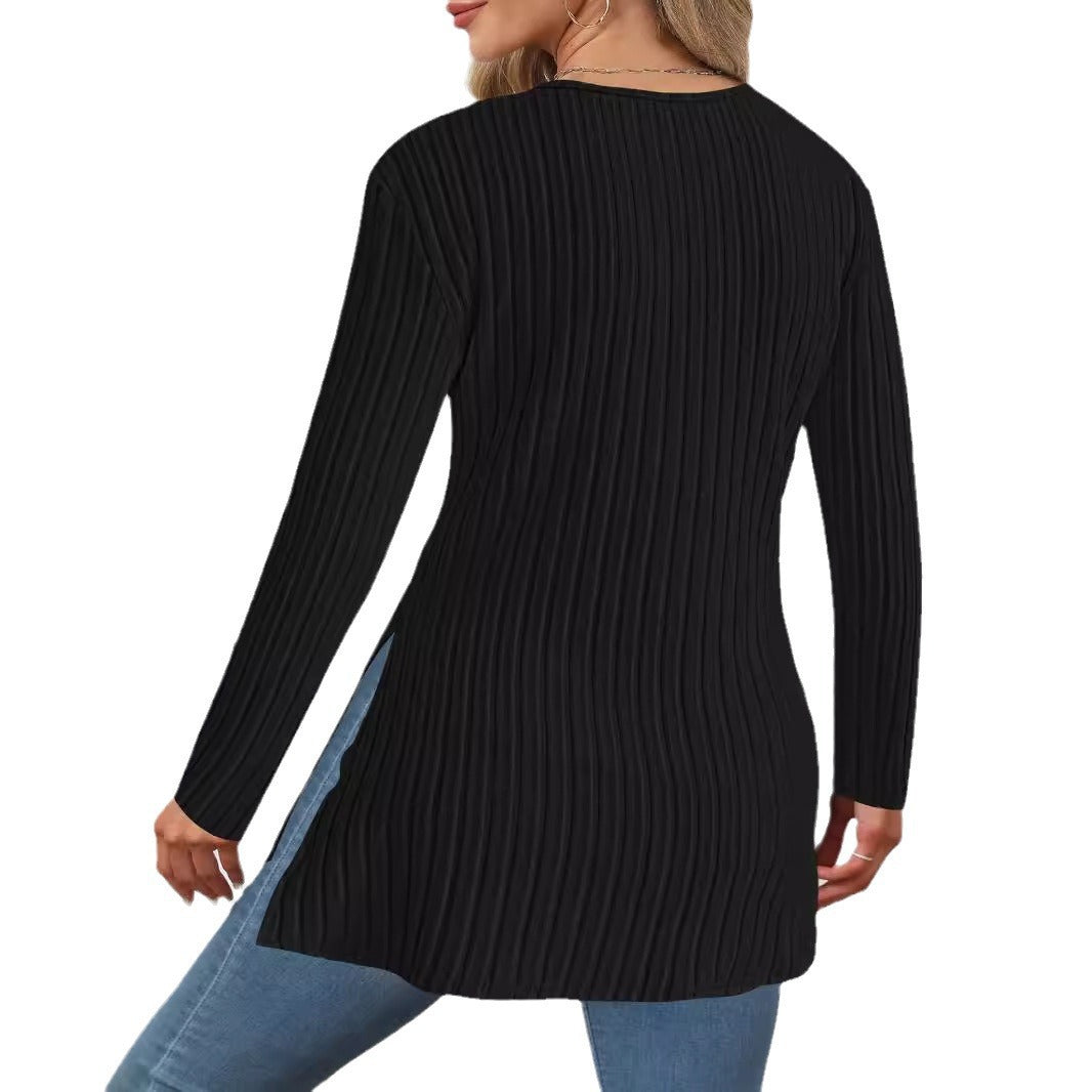 Damen Gerippter Wickel‑V‑Ausschnitt Longpullover mit Taillenbetonung und Seitenschlitzen Echoarchiv