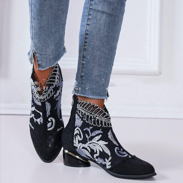Damen Stiefeletten mit floralem Muster und glanzvollem Blockabsatz Echoarchiv