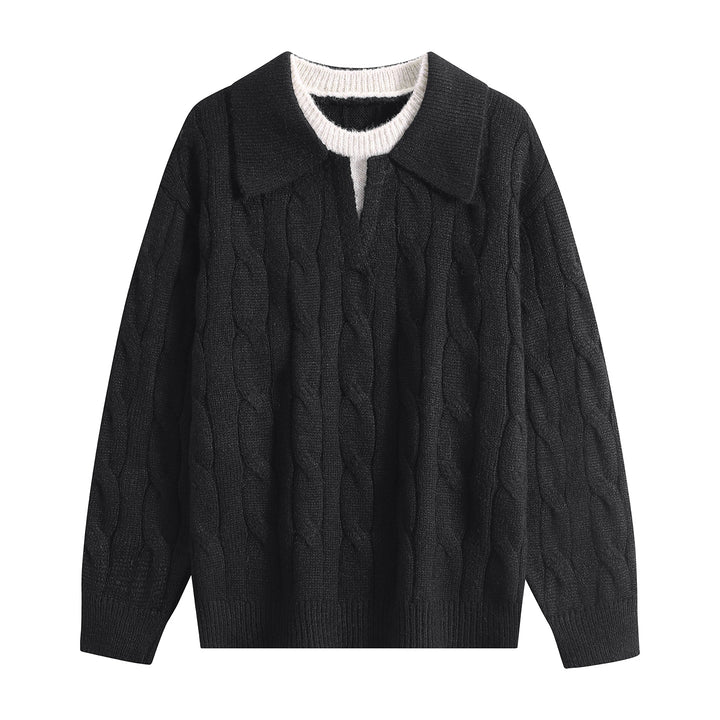 Damen Oversize Grobstrick-Pullover mit Polokragen und Zopfmuster Echoarchiv