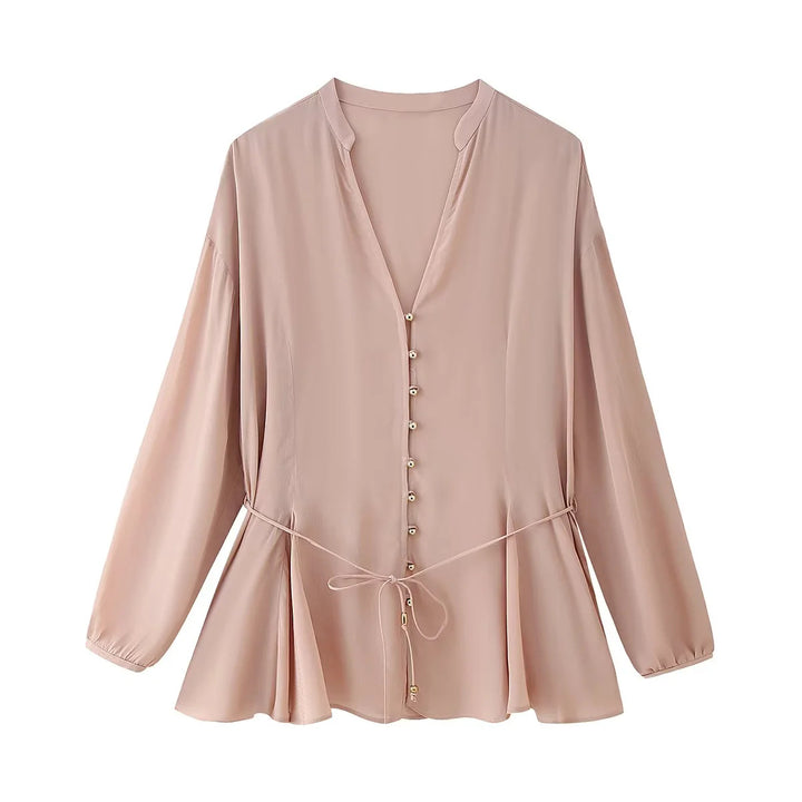 Damen nan elegante Bluse mit Perlenknopfleiste, Taillenzug und leichtem Schößchen Echo Archiv