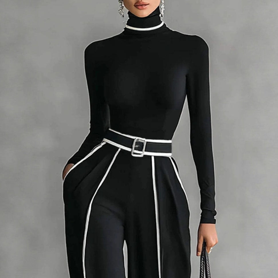 Damen nan elegantes Strickset mit tailliertem Rollkragenoberteil und weiter Plisseehose mit Taillengürtel Echo Archiv