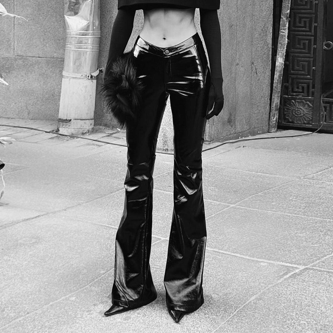 Damen nan hochglänzende Lackhose mit hoher Taille, figurbetonter Oberschenkelpassform und weitem Schlag Echo Archiv