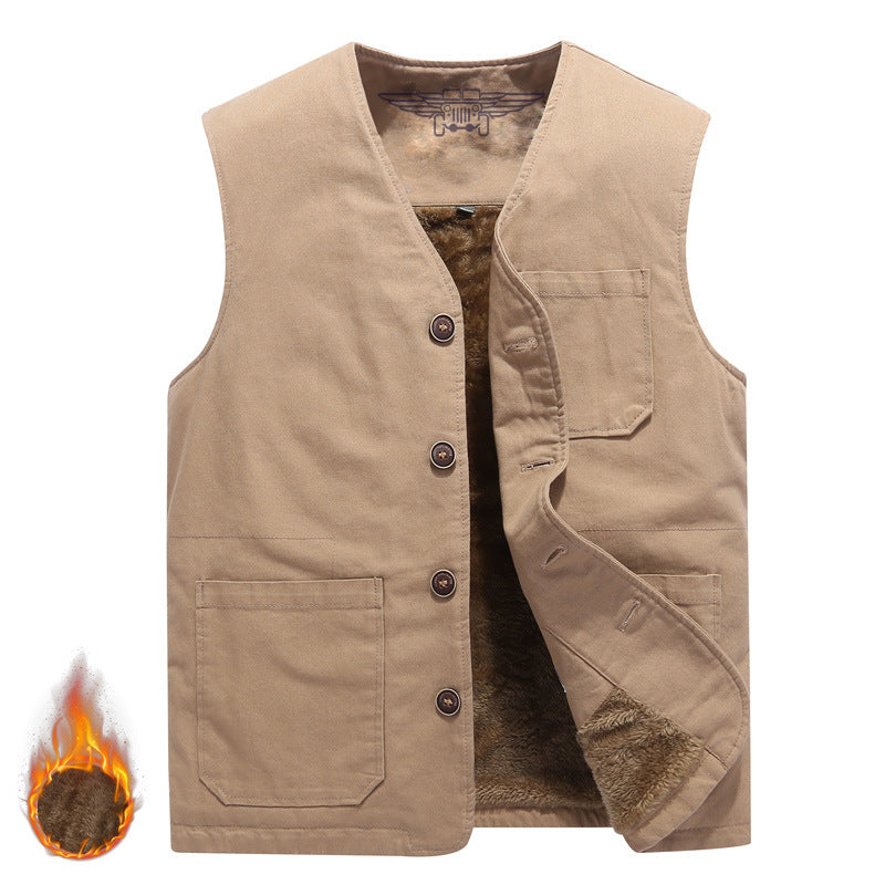 Herren Robuste Thermo-Canvas‑Weste mit wärmendem Teddyfutter und Knopfverschluss Echoarchiv
