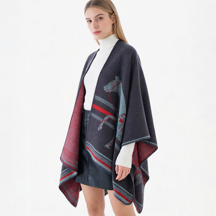 Damen Poncho-Cape aus Wollmix mit gewebtem Pferde-Jacquard und kontrastkettelung – Avérine