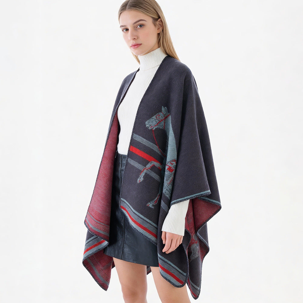 Damen Jacquard‑Poncho mit Pferdemotiv und weichem Wollmix Echo Archiv