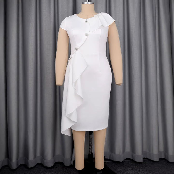 Damen elegantes Wickelkleid mit Rüschenkante und funkelnden Knopfdetails Echo Archiv