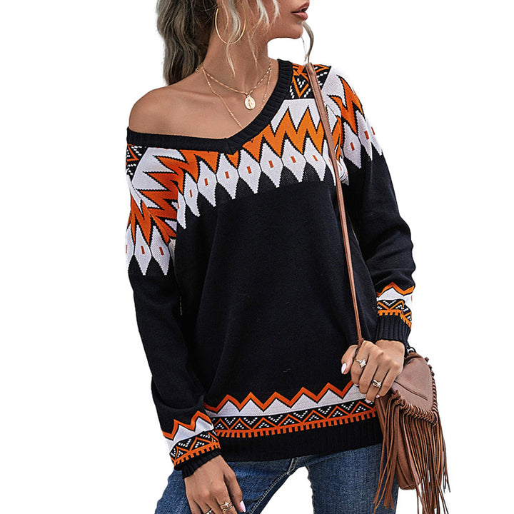 Damen Oversize Strickpullover mit geometrischem Aztekenmuster und asymmetrischem schulterfreiem Ausschnitt Echoarchiv