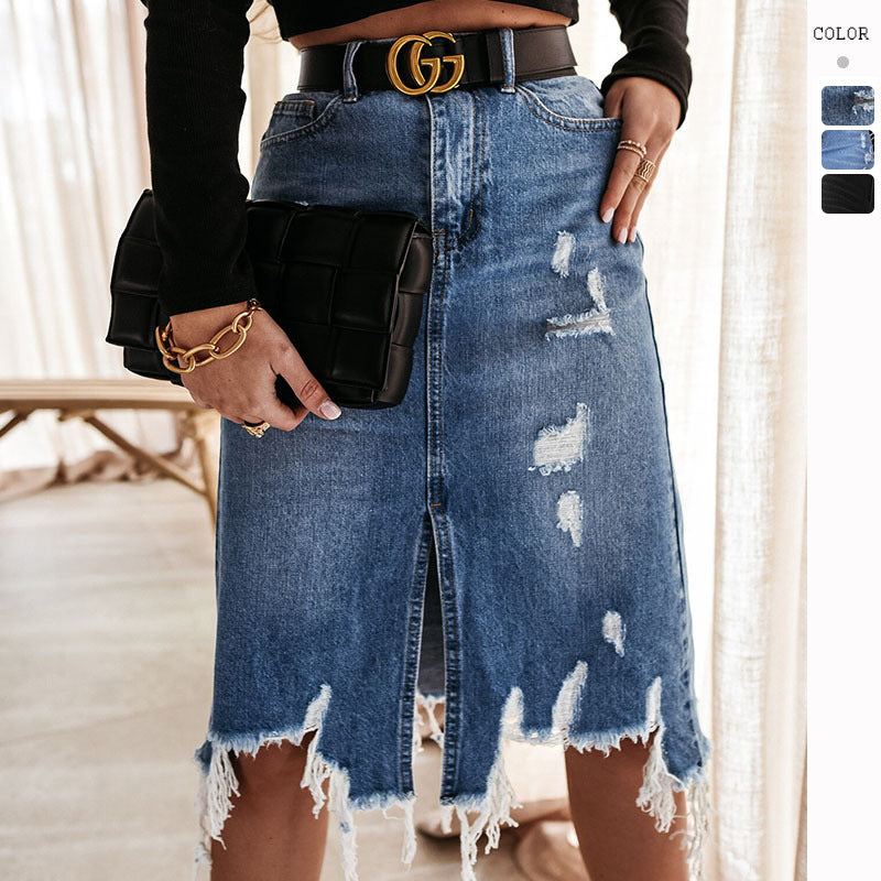 Damen nan taillierter Destroyed-Denim-Midirock mit Fransenbesatz, Frontschlitz und Gürtelschlaufen Echo Archiv