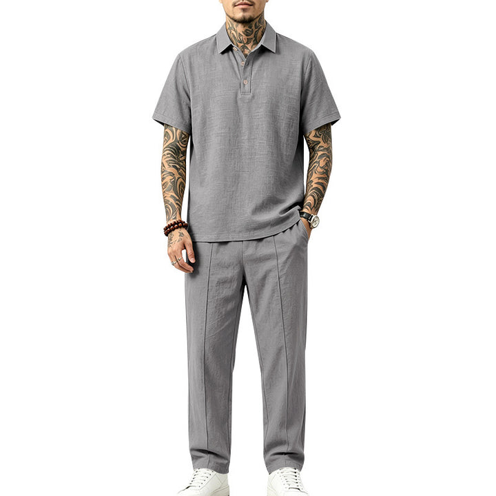 Herren Leichtes Leinenoptik-Loungewear-Set mit Polokragen und Bundfalten Echoarchiv