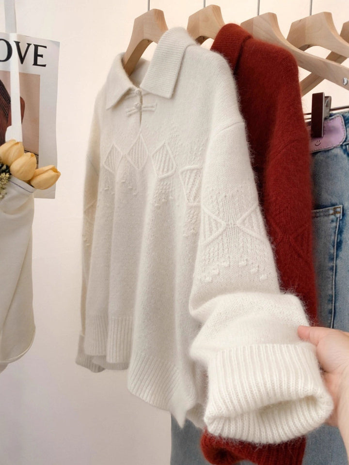 Damen Polokragen-Pullover im Mohair‑Look mit Ajour‑Zopfmuster, überschnittener Schulter und weiter Silhouette Echoarchiv