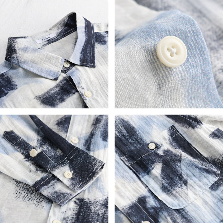 Herren Langarm-Hemdjacke mit abstraktem Pinselprint und feiner Crinkle‑Struktur Echoarchiv