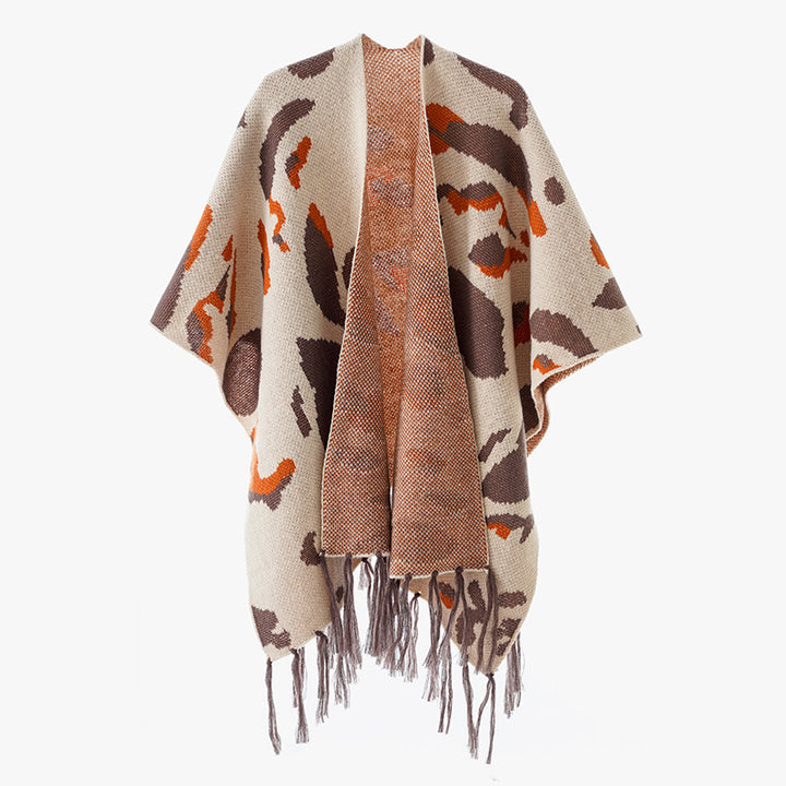 Damen Oversize-Strickponcho mit animalischem Jacquard und Fransensaum Echo Archiv