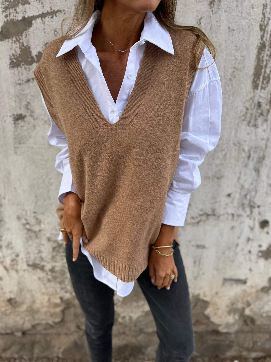 Damen lässiger Strickpullover mit V-Ausschnitt Echoarchiv