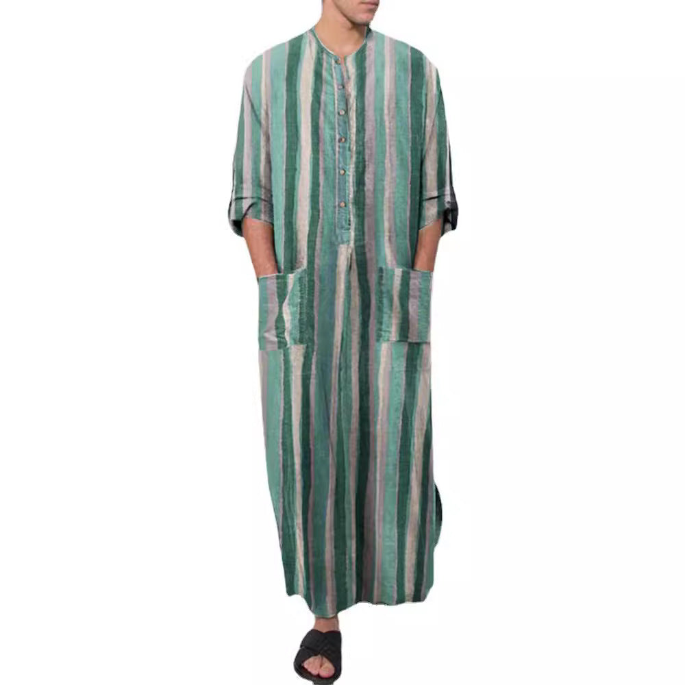Herren nan lockerer Kaftan aus Leinenmischung mit Knopfleiste und aufgesetzten Taschen Echoarchiv