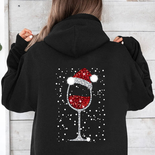 Damen Oversize Kapuzenpullover mit weihnachtlichem Glitzer-Weinglas-Print Echoarchiv