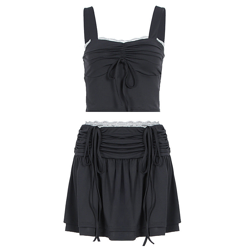 Damen modisches Crop-Top und Rock Set mit Raffungen und Bindedetails Echo Archiv