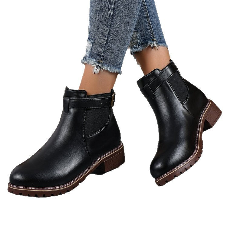 Damen Wildleder-Optik Chelsea-Stiefelette mit dekorativem Schnallenriemen, elastischem Einsatz und grober Profilsohle Echo Archiv