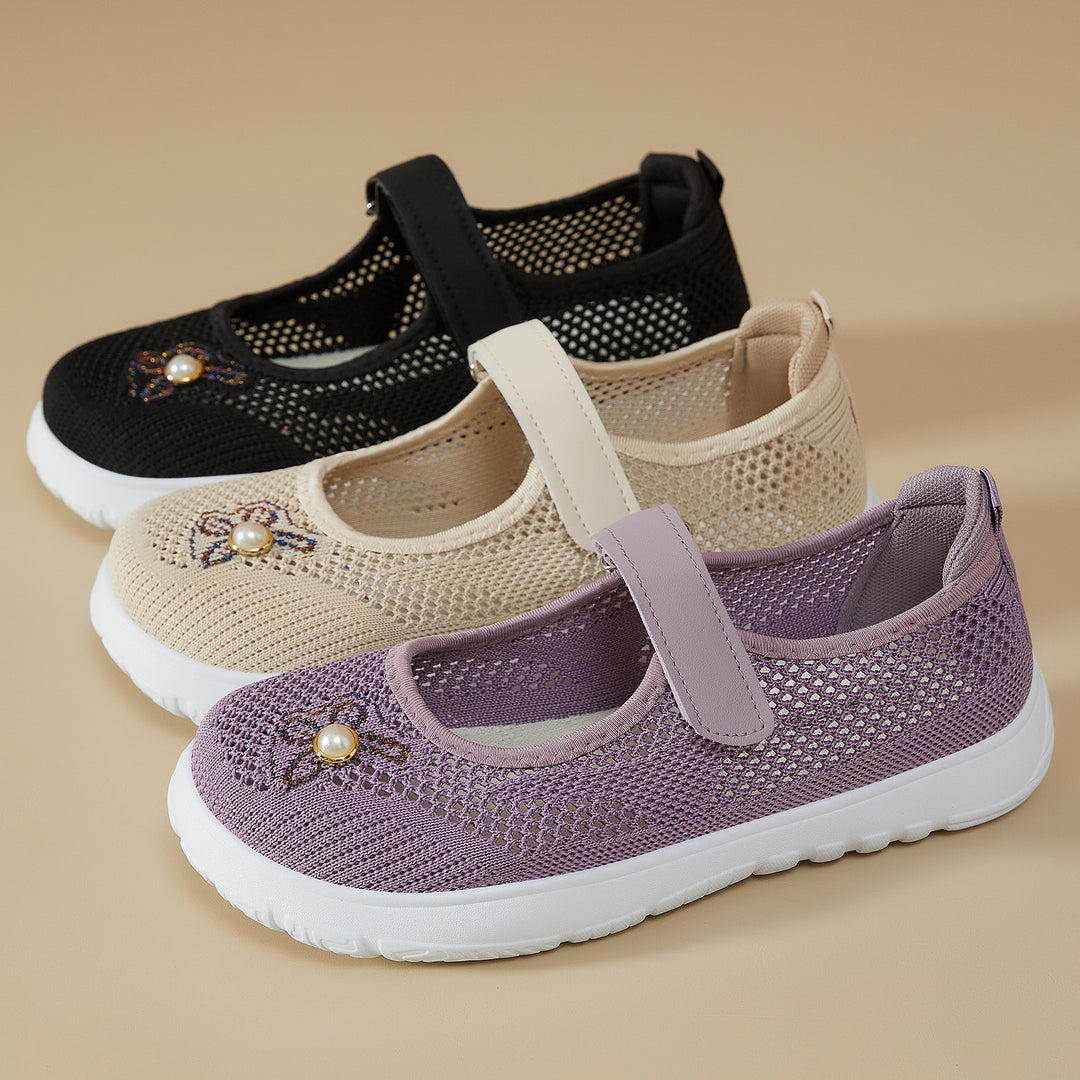 Damen nan gestrickter Mary-Jane-Sneaker mit Klettriemen, atmungsaktivem Strickoberteil, dekorativer Perlenapplikation und dämpfender EVA-Sohle Echo Archiv