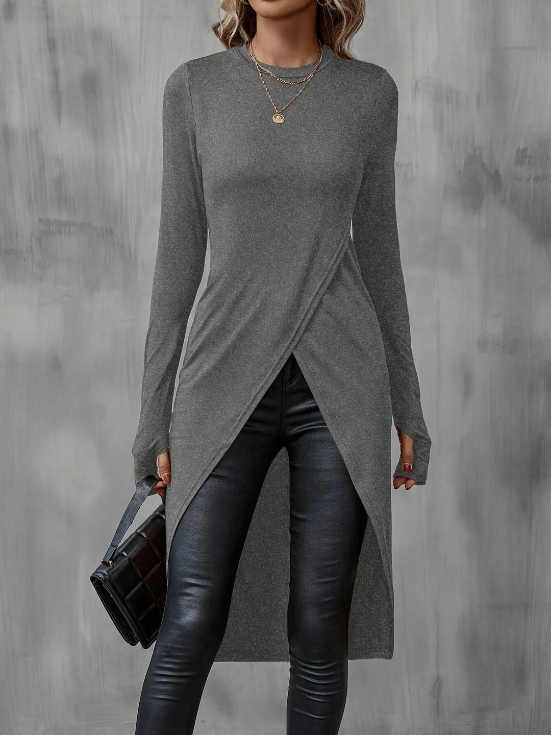 Damen Langes asymmetrisches Wickel-Tunika-Top mit Frontschlitz – Avérine