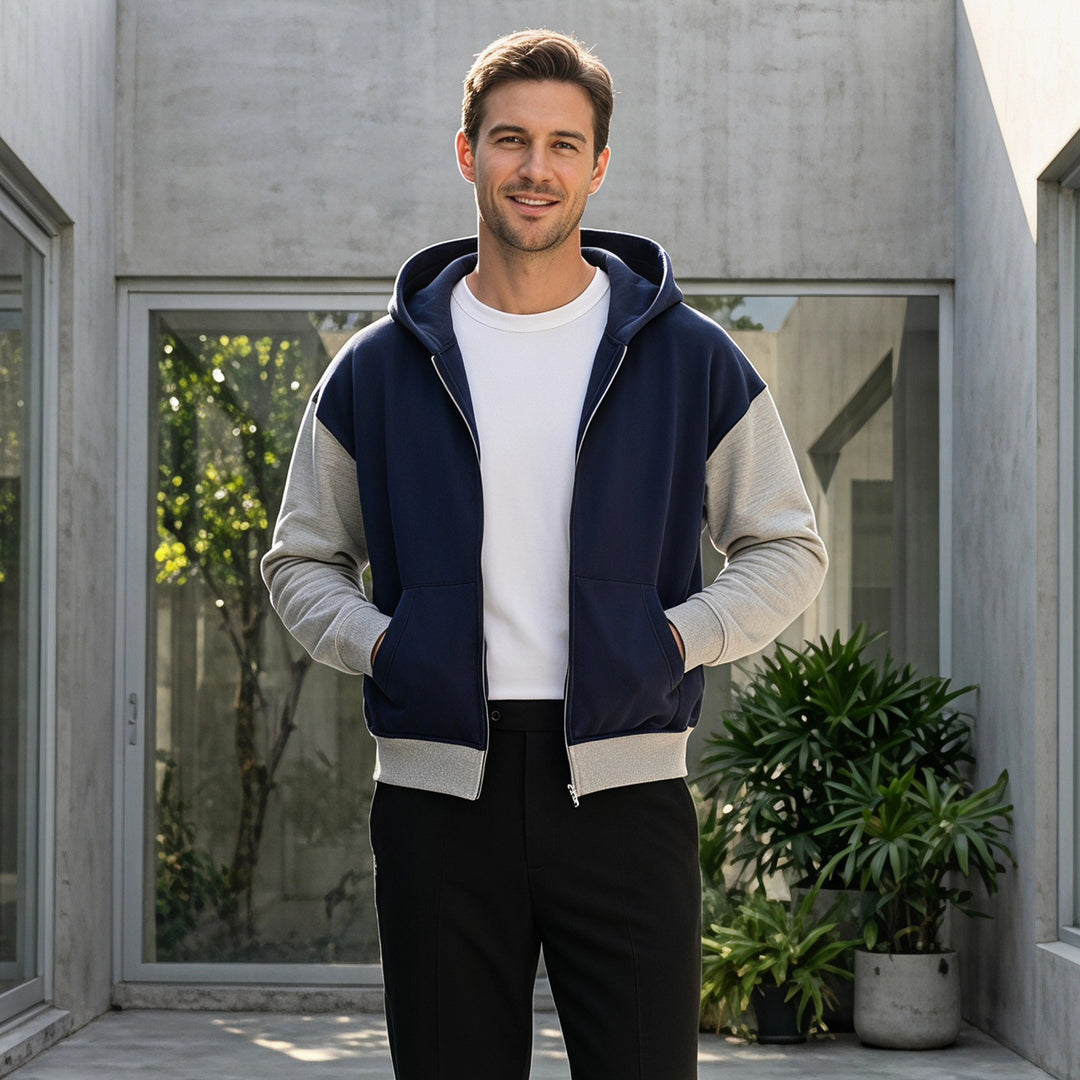 Herren Reißverschluss-Kapuzenjacke im Colorblock-Stil aus French-Terry mit Kängurutasche Echo Archiv
