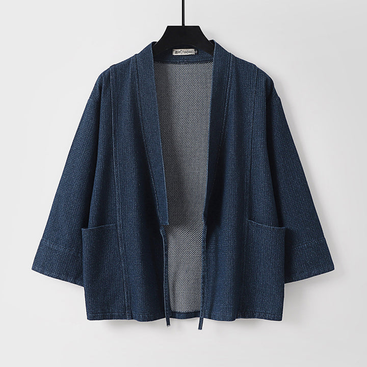 Unisex Jeans-Kimono-Jacke mit Bindegürtel und aufgesetzten Taschen Echoarchiv