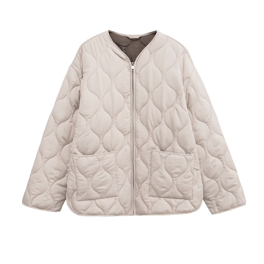 Damen gesteppte Oversize‑Steppjacke mit Rundhals, durchgehendem Reißverschluss und aufgesetzten Taschen – Célinea