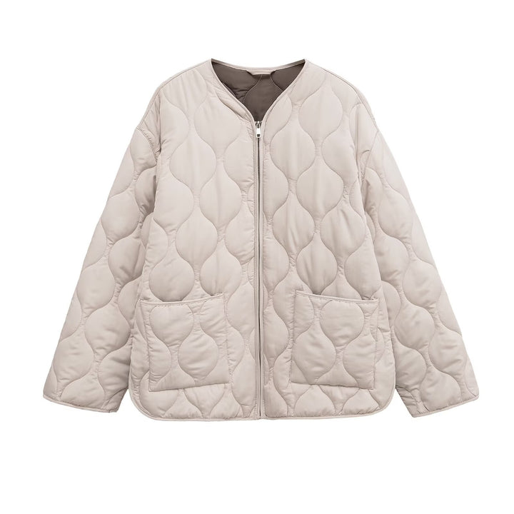 Damen gesteppte Oversize‑Steppjacke mit Rundhals, durchgehendem Reißverschluss und aufgesetzten Taschen – Célinea