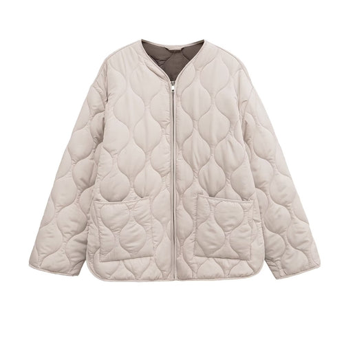 Damen gesteppte Oversize‑Steppjacke mit Rundhals, durchgehendem Reißverschluss und aufgesetzten Taschen – Célinea