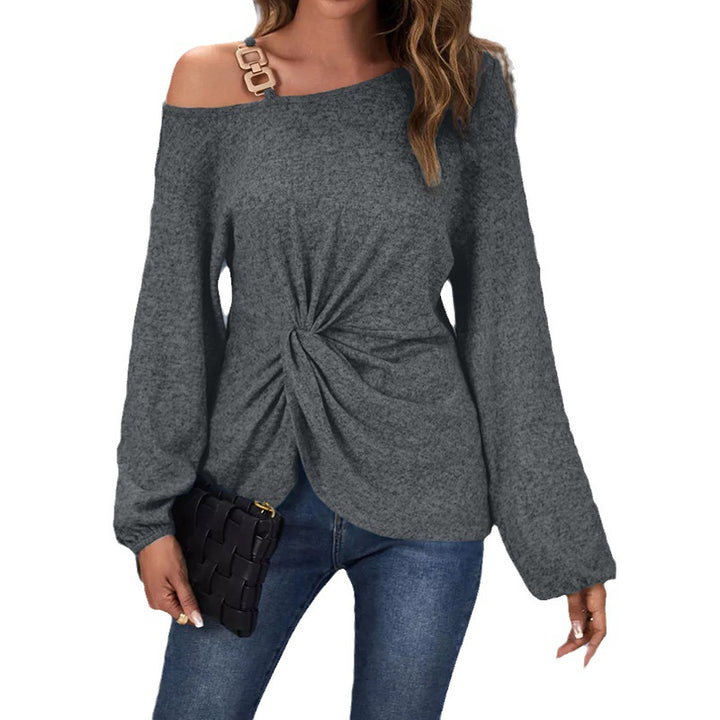 Damen asymmetrischer schulterfreier Strickpullover mit Zierkettenträger und vorn gedrehtem Knoten – Avérine