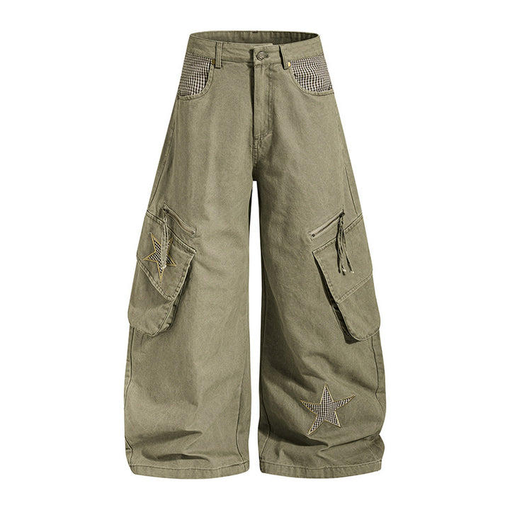 Damen weite Cargo-Culottehose mit Stern-Applikationen und Multi-Taschen Echoarchiv