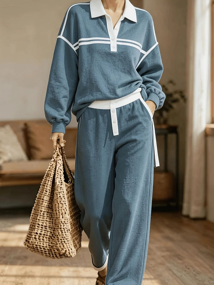 Damen Lounge-Set aus weichem Jersey mit Polokragen, Kontraststreifen und weiter Jogpant – Élanora