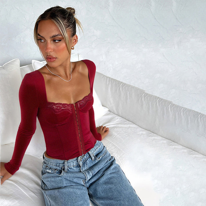 Damen Figurbetontes Langarm-Corsagen-Top mit Spitzenbustier und Haken‑Ösen-Verschluss – Avérine